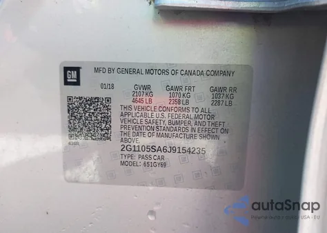 2018 Chevrolet Impala 1Lt из США, поврежденный, VIN 2G1105SA6J9154235